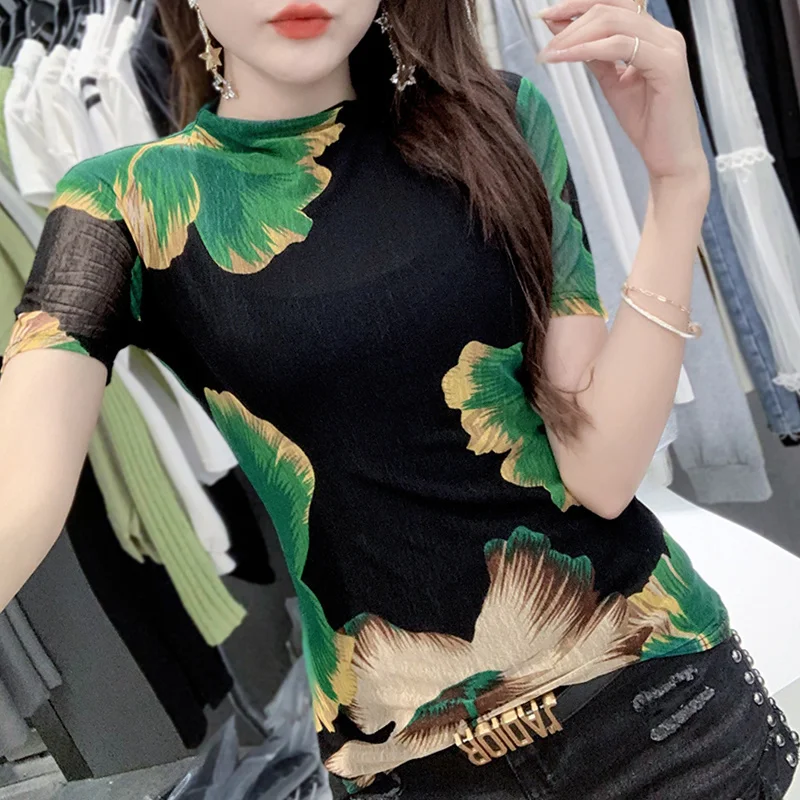 #5154 летний топ черная сетчатая футболка с принтом женская уличная в Корейском