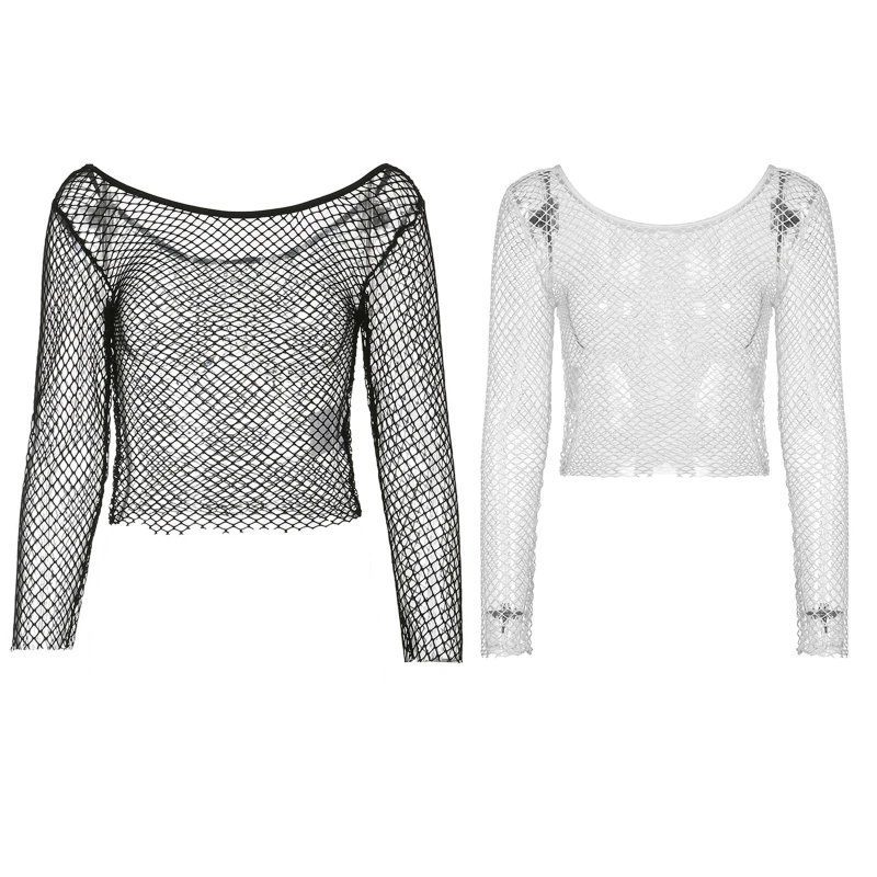 

Women Sexy See Through Hollow Fishnet T-Shirt Novelty Long Sleeve Off The Shoulder Crop Top Slim Fitted Stretch Cover Up Blouse