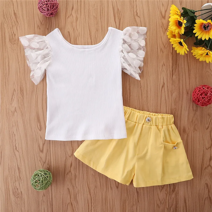 

Summer Girl Set Lace Ruffles White T-shirt + Shorts 2pcs Children Suits Clothes