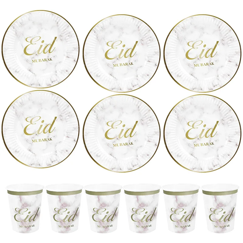 

6/12pcs Eid Mubarak Disposable Cutlery Set Ramadan Paper Cup Plate White Phnom Penh Tableware Home Wedding Party Table Supplies