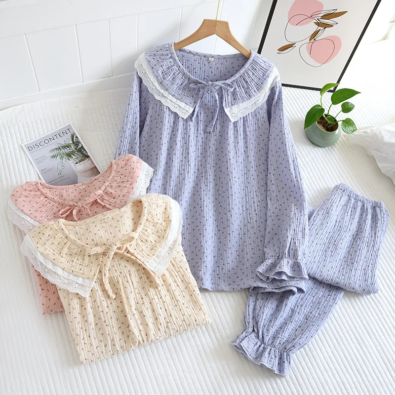

Fdfklak Spring Autumn Gauze Cotton Print Pajama Sets Women Pyjamas Suit Sleepwear Pijama Mujer Homewear Clothing Nightwear