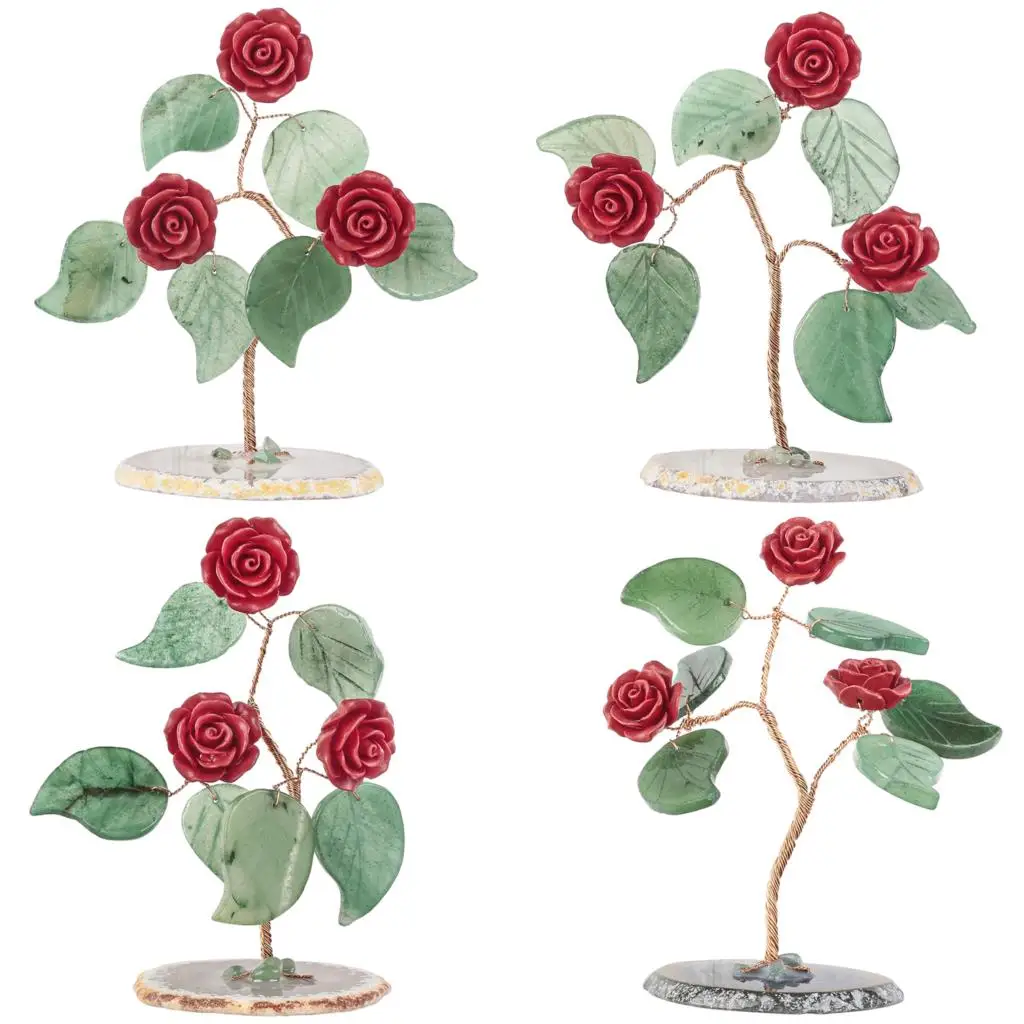 Red Rose Crystal Tree With Green Aventurine Leaves Natural Agate Slice Base For Nordic Home Decoration Ornaments