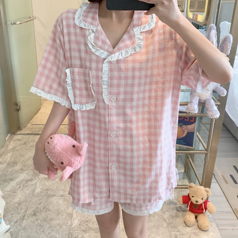 New Pajamas Set for Women Ladies Summer Thin Cotton Short Sleeve Sleepwear Suit Pink Plaid Women Home wear Clothes Set
