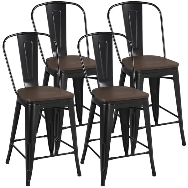 

MART Metal High Back Stool with Wooden , Set of 4, Black