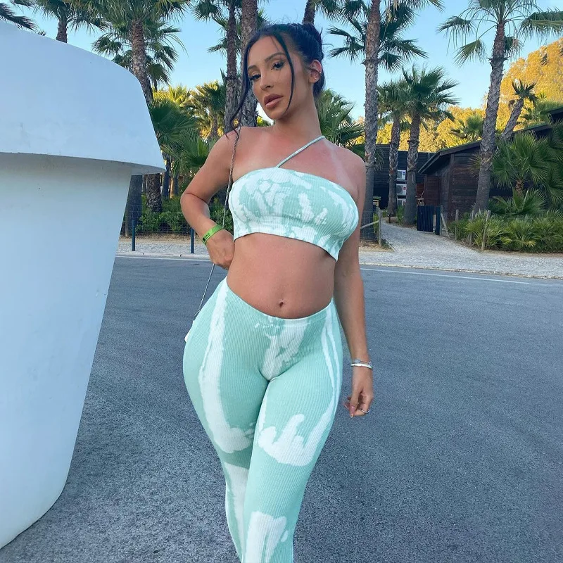 Летний вечерний Женский комплект из топа и облегающих брюк облегающий костюм без