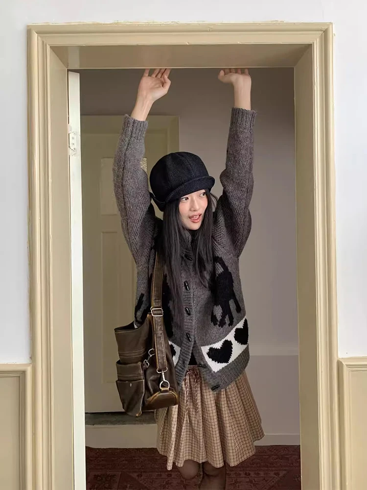 ReddaChic милая вязаная куртка на пуговицах с лентой и рогом женская вязанная крючком