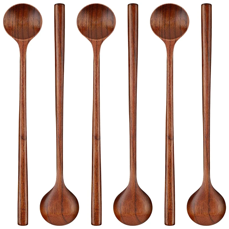 

6 шт., деревянные длинные Круглые ложки в Корейском стиле