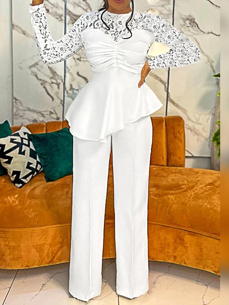 White Jumpsuits for Women High Neck Lace Long Sleeve Sexy See Through Pleated High Waist Peplum Straight Leg One Pice Outfits XL