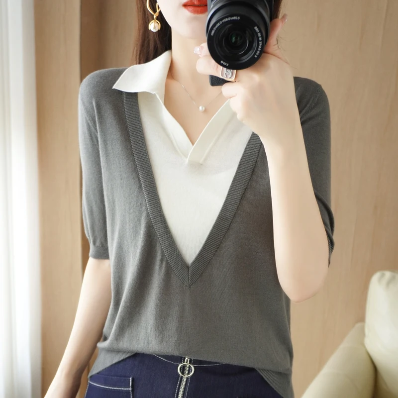 2022 New lapel short-sleeved women's T-shirt solid color knitted wild summer wool sweater thin pullover promotion S-XXL |