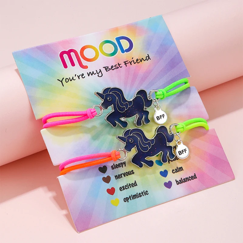 

2Pcs/set Color Changing Mood Unicorn Bracelets Gradient Stretch Rope FriendShip BFF Bracelet for Girl Children Best Friend Gift