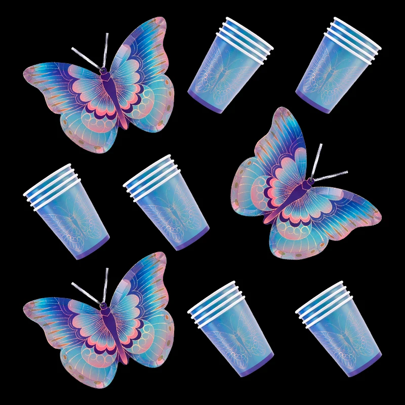

8Pcs Butterfly Shape Disposable Tableware Gradient Color Paper Decor Wedding Baby Shower Kid's Birthday Party Decoration