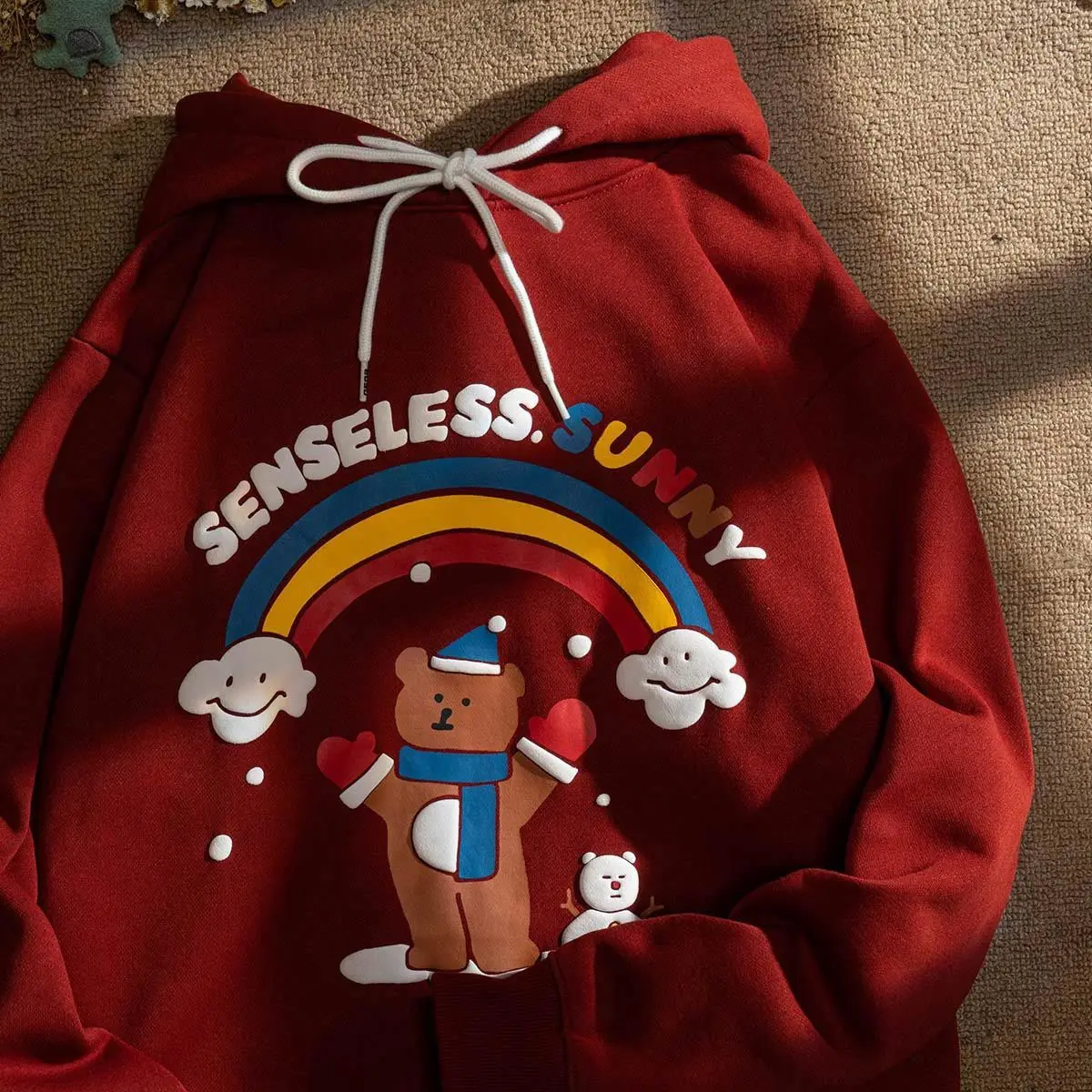 

Cartoon Christmas Bear Red Hooded Rainbow Print Loose Hoodies Women Ins New Casual Couple Autumn Winter Korean Fashion Pullovers