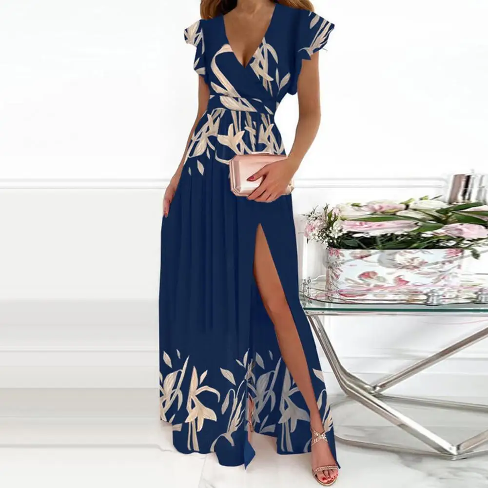 

Female Short Butterfly Sleeve Split Fork Party Dress Solid Slim V Neck High Waist Dress Women Casual Summer Maxi Dress Vestidos