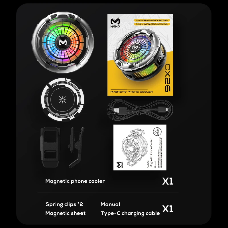 Фото MEMO CX26 Полупроводниковый кулер для телефона с RGB-подсветкой, магнитный/на прищепке, 12В/2.5А, сильное охлаждение, радиатор для IOS и Android №5