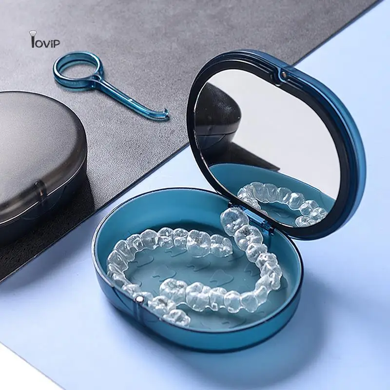 

2 layers Orthodontic Retainer Braces Storage Box With Mirror Teeth Soaking Denture Cleaning Tooth Storage Portable case