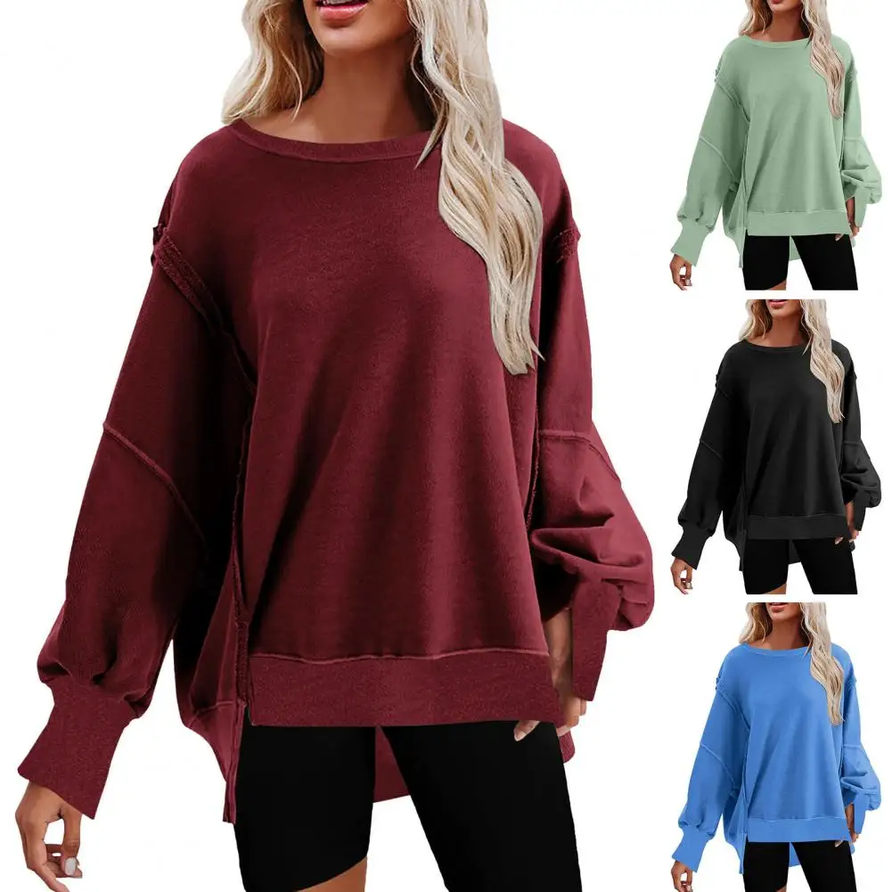 

Women Oversized Sweatshirt Solid Color Crew Neck Long Sleeve Washable Non-Fading Casual Pullover Top