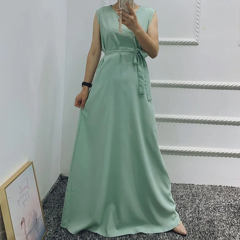 

Muslim Inner Vest Long Dress for Kimono Abaya Solid O Neck Sleeveless Casual Maxi Dresses Inside Wear Clothes for Muslim Women