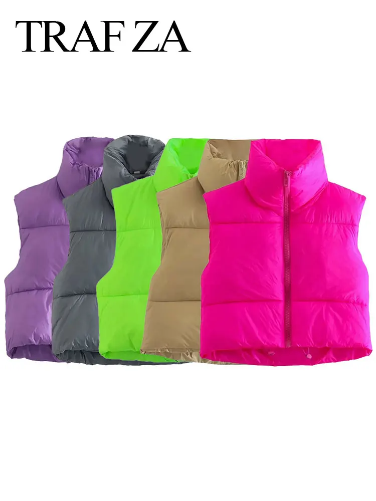 TRAF ZA Women's Padded Sleeveless Solid Simple Multicolor Coat Zipper Fashion New Commuter All-match Winter Short Tops Ladies