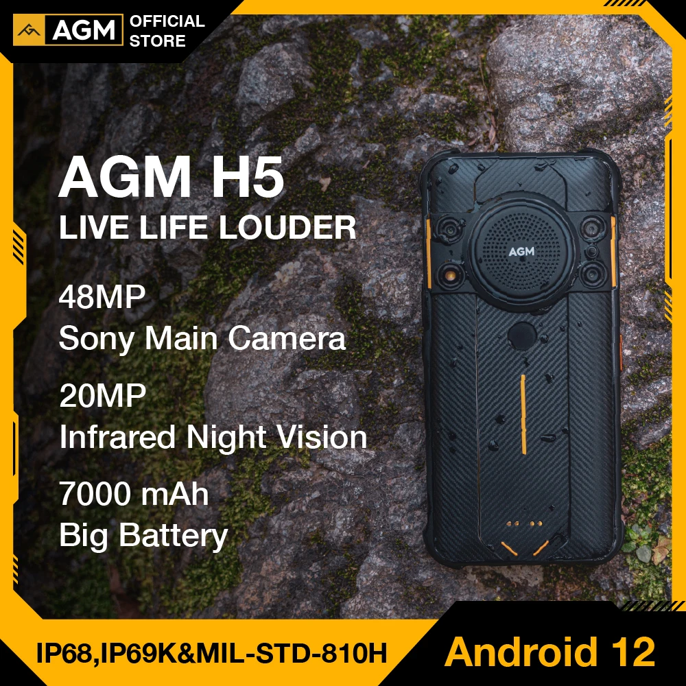 

AGM H5 Android12 Rugged Smartphone 7000MAH IP68/IP69K Cell Phone 3.5W Loud Speaker Night Vision Unlock Phones