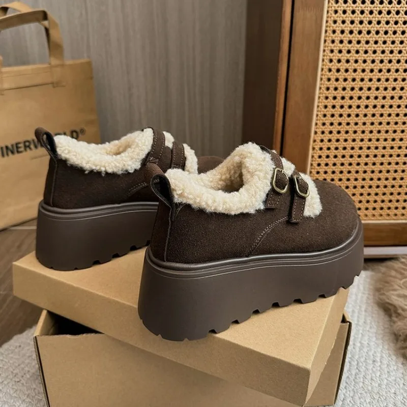 Casual Woman Shoe Loers With Fur Clogs Platform Round Toe Modis Slip-on New Creepers 2025 Winter Lace-Up Solid Leisure Fashion