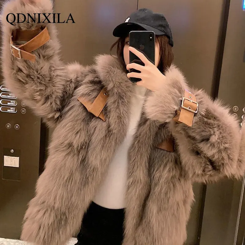 2022 Winter Fur Coat Women Imitation Fox Hair Korean Version of The New Faux Fur Coat Hooded Fox Fur Long Fur Collar Jackets