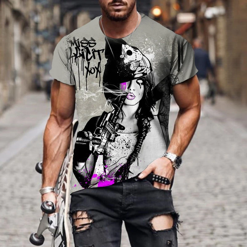 

Summer New Men's T Shirts Oversized Loose Clothes Retro Short Sleeves Fashion Beauty Pattern Nightclub Prostitute Print O Neck