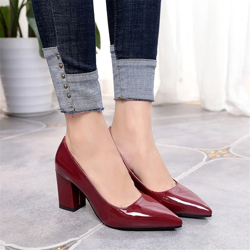 

shoes for women Pumps High Heels 7.5cm Lady Patent Leather Shallow Thick with Autumn Pointed Single Shoes Slip-On women shoes