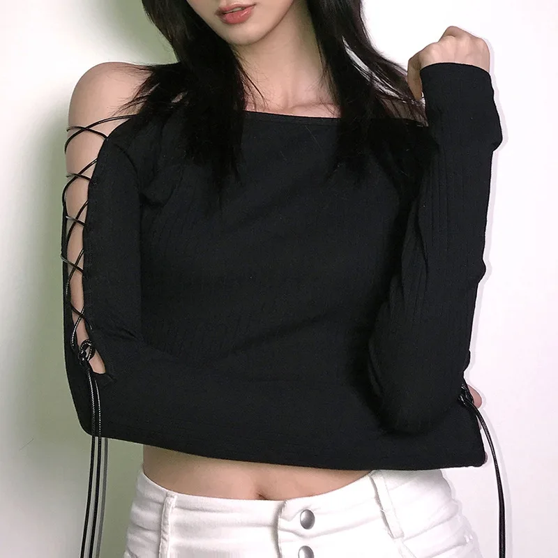 

2021 New Sexy Harajuku Chic Autumn Bandage Hollow Out Black Top Gothic Punk Bodycon Long Sleeve Crop Tops Women Streetwear Tops
