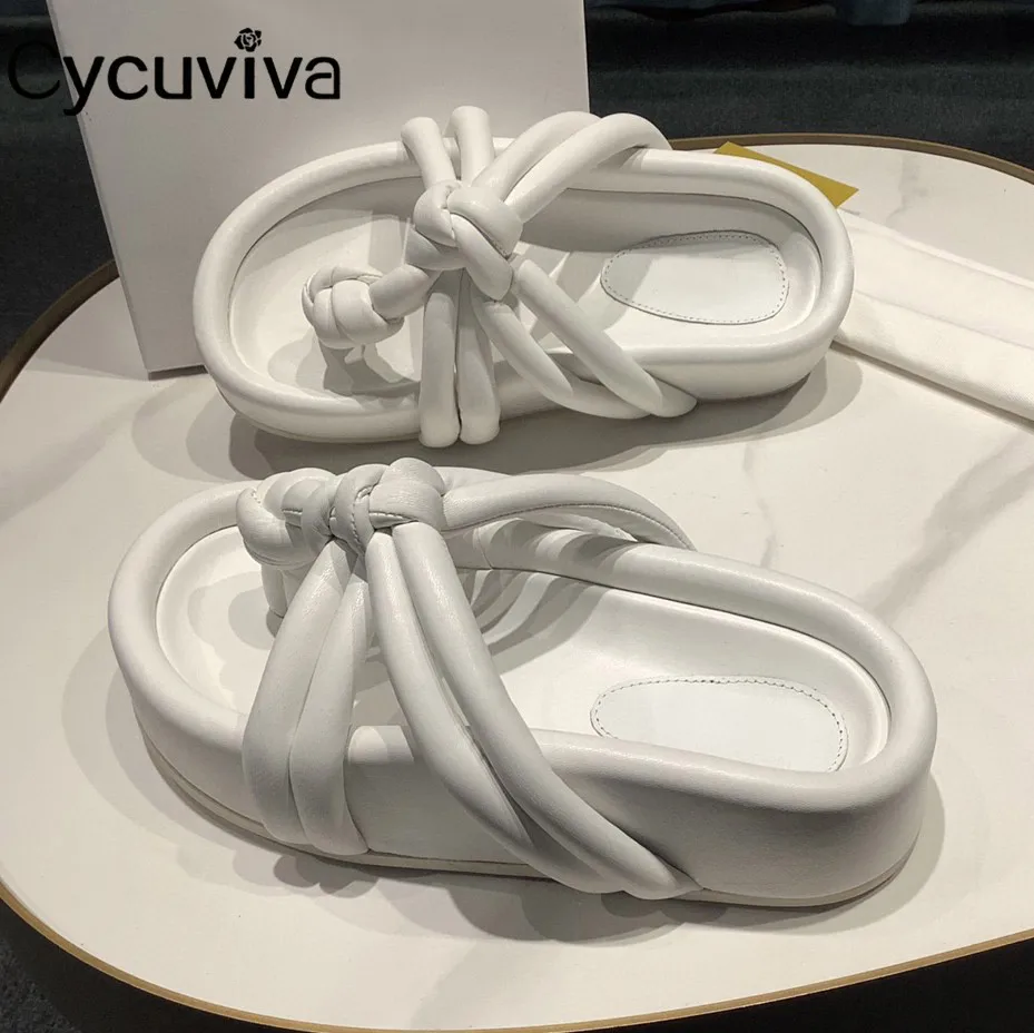 Шлепанцы женские кожаные Сланцы на толстой плоской подошве пляжные сандалии