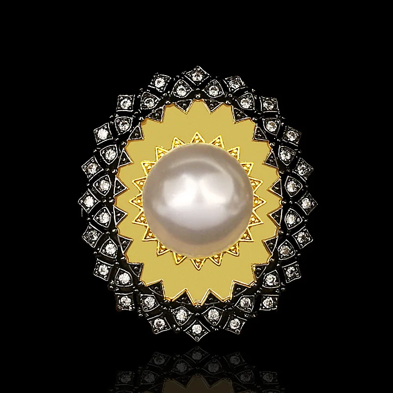 

Women's Vintage Black Gold Wedding Rings Big Round Pearl Around Crystal Ring Engagement Party Bohemia Rings Jewelry Wholesale