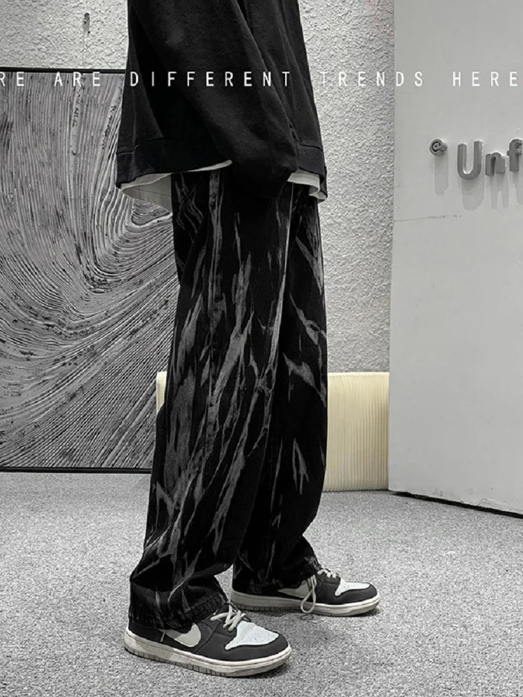 ICCLEK Retro Washed Jeans Autumn Men's Jeans Fashion Wide-leg Pants Loose Straight-leg Pants Patchwork Jeans