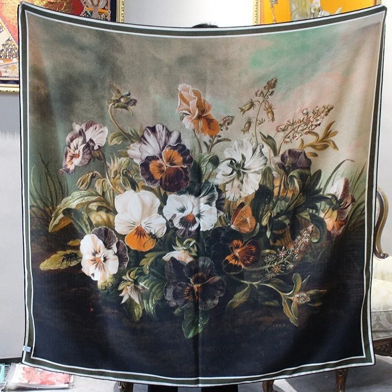 

50% Silk+50% Wool Double-sided Printing 135*135cm Warm Square Scarf Elegant Woman Shawl Silk Scarf Luxury Brand Headscarf