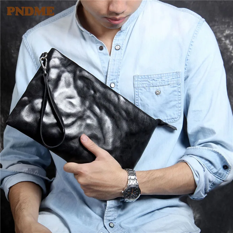 Fashion genuine leather men's women's black clutch bag casual pleated luxury real cowhide phone wallet designer envelope bag