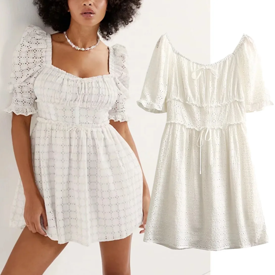 

Женское винтажное мини-платье с вышивкой, квадратным вырезом и рукавами-фонариками