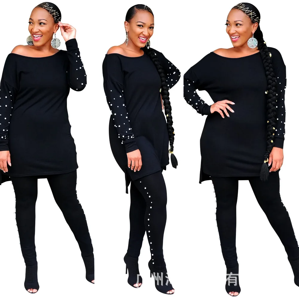 Plus Size Women Clothing Solid Color Long Sleeve Fashionable Bubble Bead Round Neck Top Casual Trousers Two-piece Suit Slim Fit