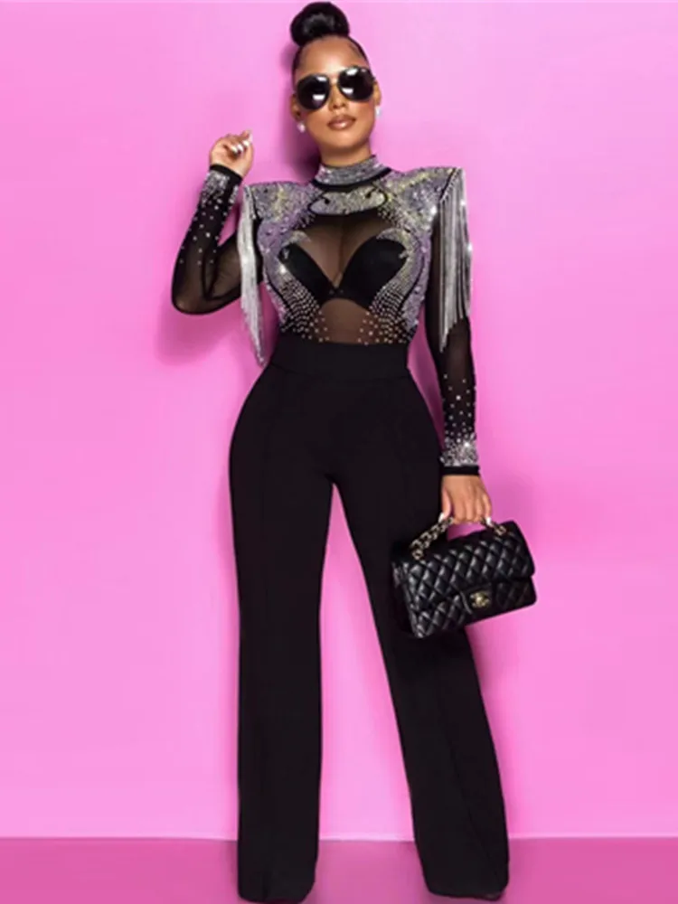 

2022 New Winter Style Women Long Sleeve Sexy Diamond Bodycon Women's Set Tops Pants Fashion Nightclub Party Wear