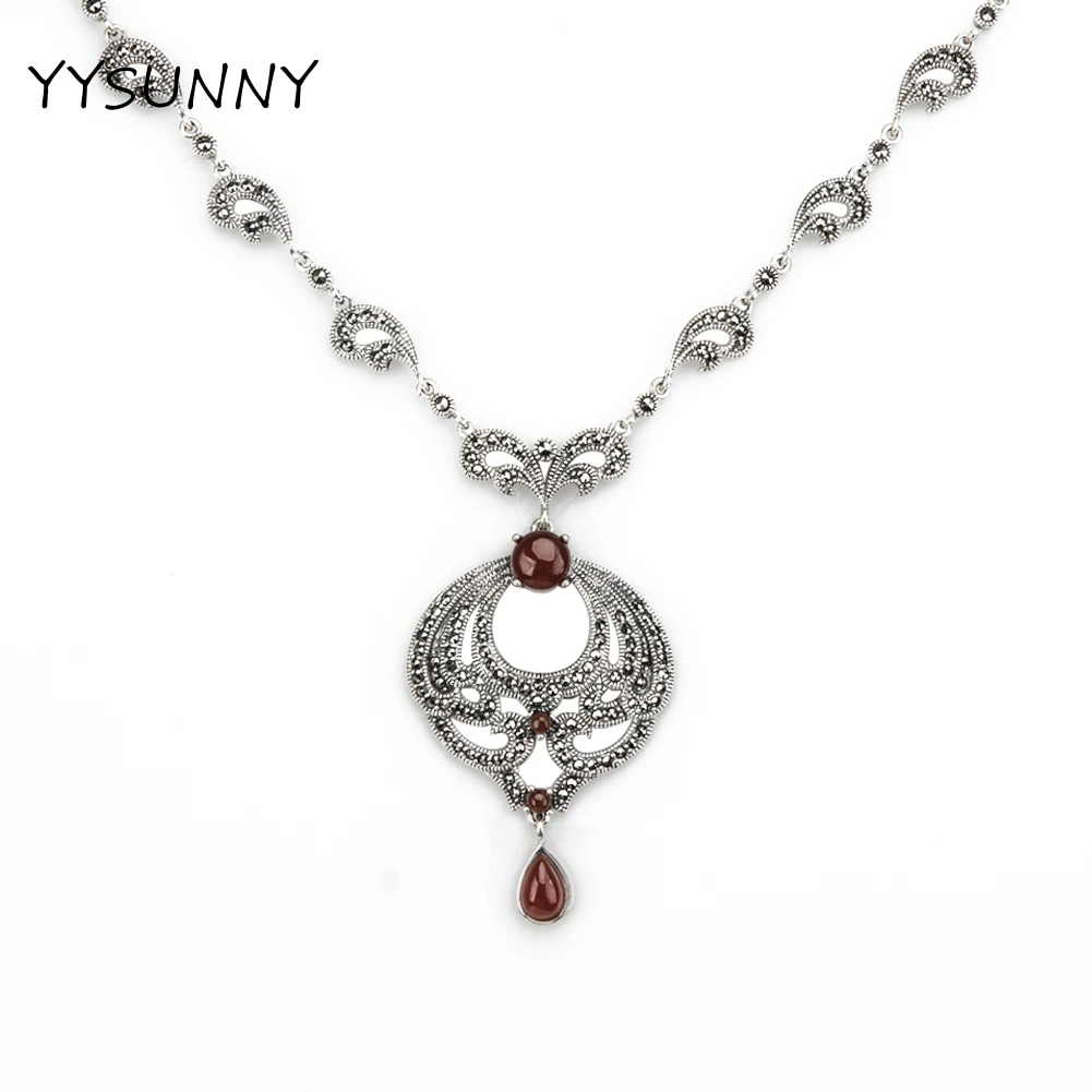 

YYSUNNY Red Onyx Necklace 925 Sterling Silver Women Marcasite Pendant Vintage Dubai Wedding Jewelry Accessories