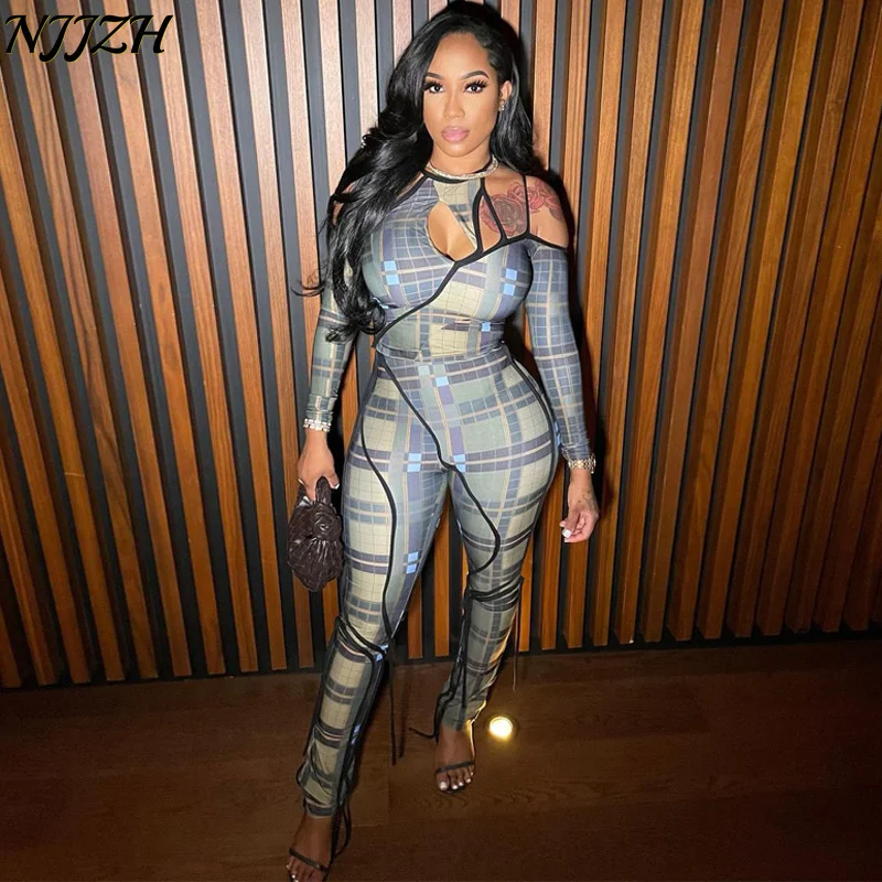 

NJJZH2022 Spring Summer Women Fashion Sexy Sports Solid Women Crewneck Long Sleeve pack hip Hollow Out High Waist Slim Pant Sets