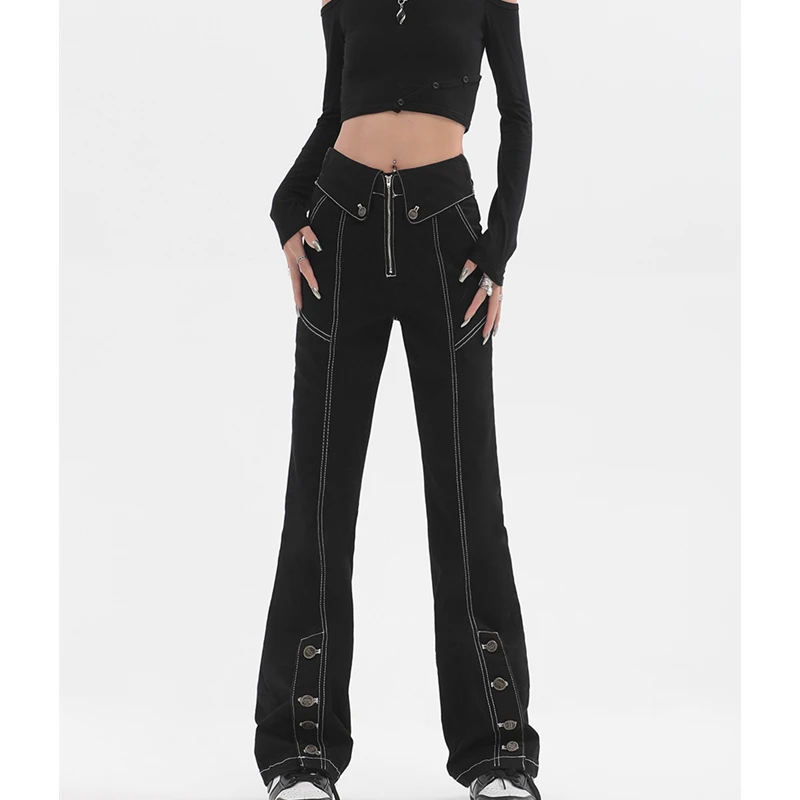 

Black Women's Jeans High Waist Vintage Straight Tight Trousers Line Design Streetwear Style Fashion Flare Bottoms Button Trouser
