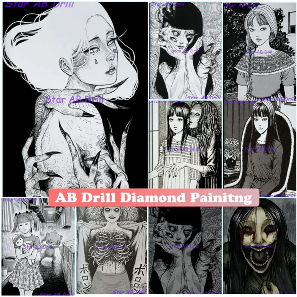 

Vintage Junji Ito Horror Diamond Painting Anime Fear Tomie Manga 5d Diy Full AB Drill Character Posters Aesthetic Art Room Decor