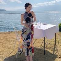 summer midi halter dress women 2022 long elegant backkless hawaiian beach dresses for wedding guest vacation birthday prom new