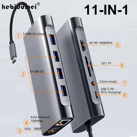 Док-станции 11-в-1 USB C HUB USB-концентраторы типа C до 4K HDMI USB 3.0 5 Гбит/с USB-разветвитель-адаптер для ПК, ноутбука Macbook