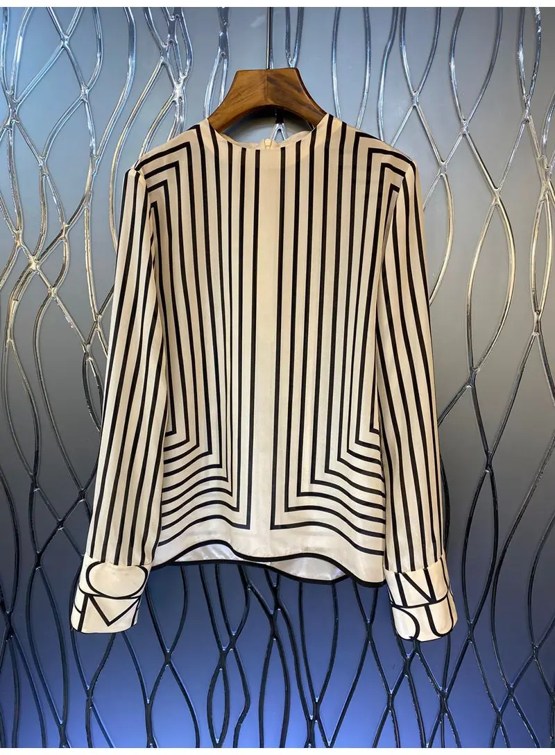 100%Silk Blouse Shirts 2022 Autumn Designer Fashion Tops Women Striped Print Back Zip Long Sleeve Elegant Work Shirts Office Top