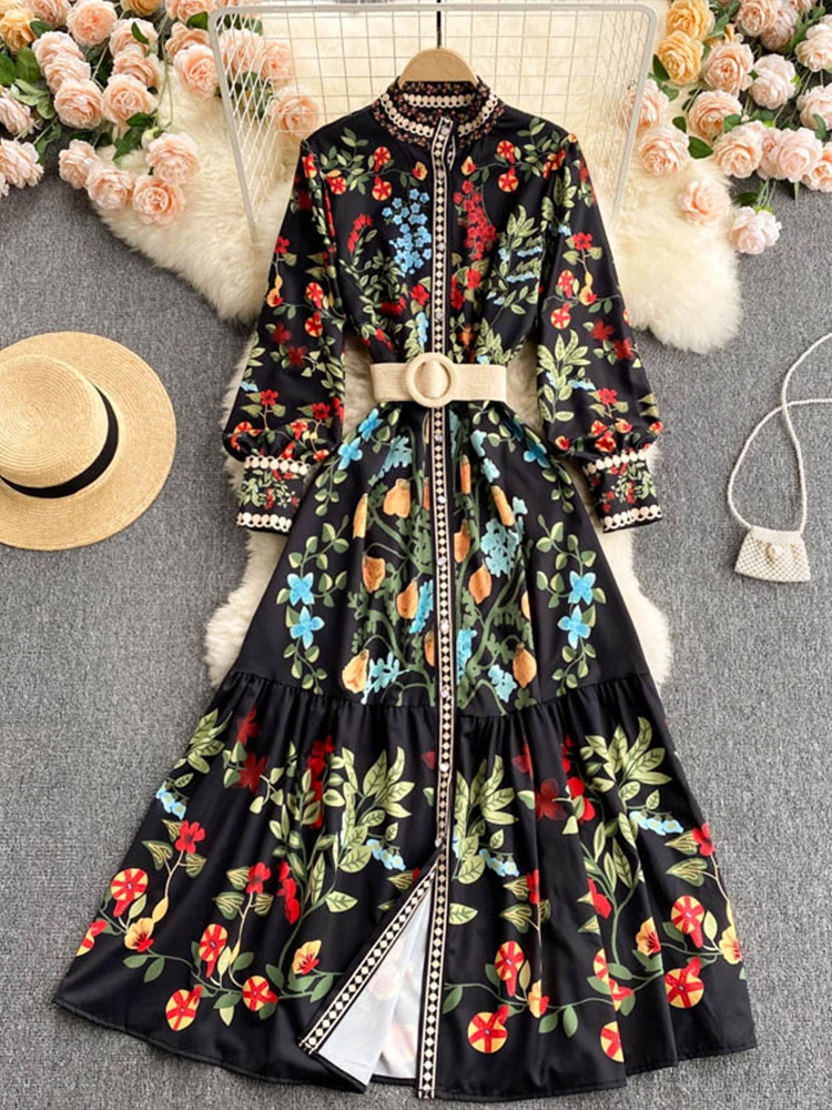 

FTLZZ New Spring Elegant Women Stand Collar Floral Print Long Dress Vintage Lady Puff Sleeve Bohemia Beach Dress with Belt