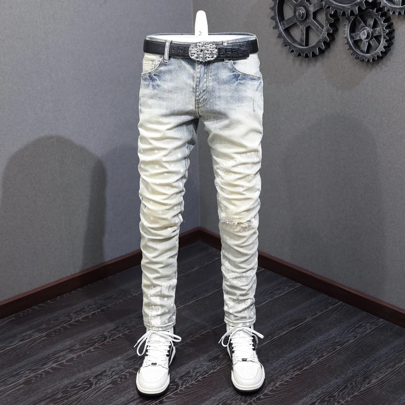 High Street Fashion Men Jeans Retro Yellow Blue Elastic Hole Skinny Ripped Jeans Men Printed Designer Hip Hop Brand Pants Hombre