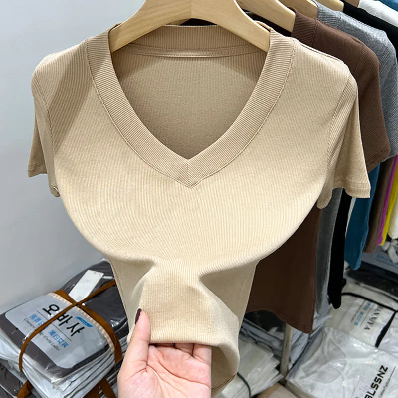 

T Shirt For Women 2023 Cotton Summer Short Sleeve T Shirts Solid Casual Tshirt Slim V Neck Womens Tops Korean Woman Clothes Tees