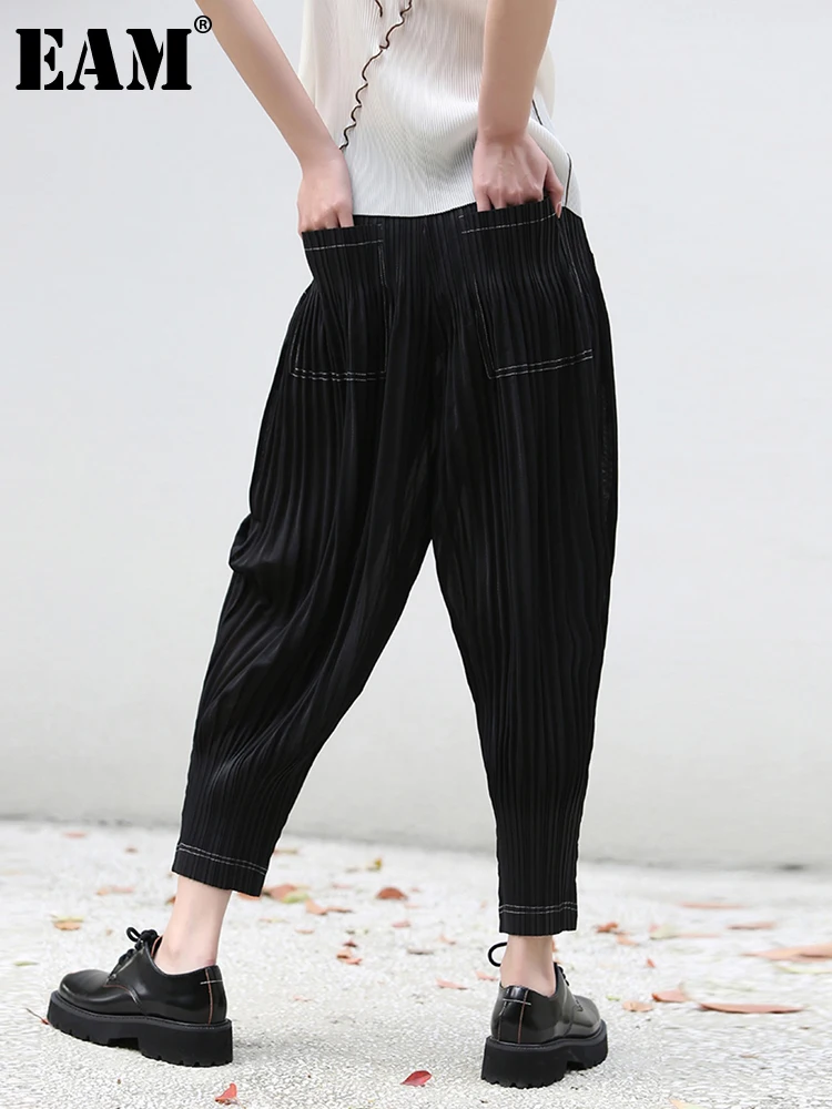 

[EAM] High Elastic Waist Black Pleate Long Harem Pants New Loose Fit Trousers Women Fashion Tide Spring Autumn 2023 1DF7971