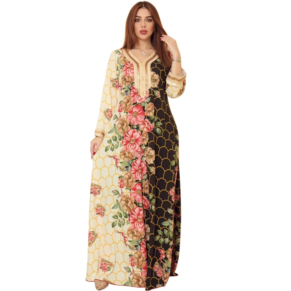 Abaya Dress Large Swing Ethnic Style Lace Hot Drill Long Sleeved Loose Abaya Positioning Print Muslim Kaftan Femme Musulman