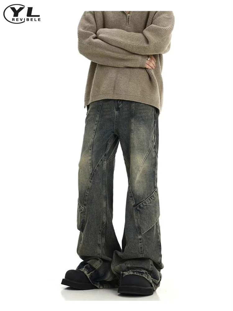 Джинсы мужские Асимметричные в стиле пэчворк винтажные прямые джинсовые брюки