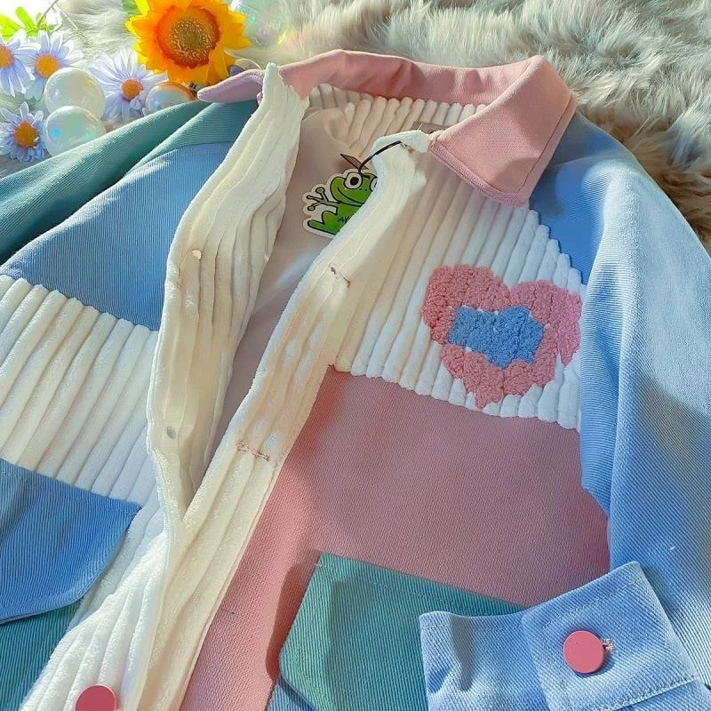 

Harajuku Women Flowers Embroidery Tooling Corduroy Bomber Jacket Loose Couples Baseball Uniform Coat Stitching Streetwear Tops
